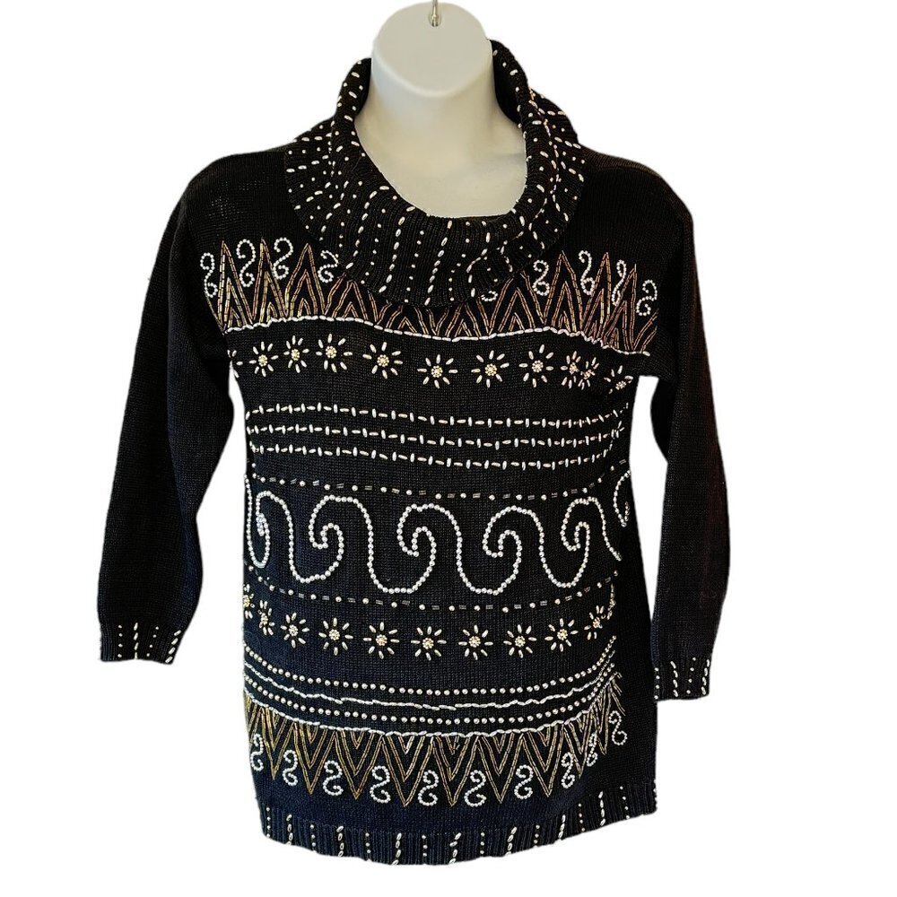 Vintage Victoria Jones Black Cowl Neck Sweater Gold Silver Beaded  Women's L